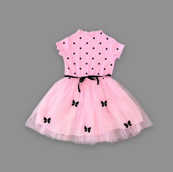 Puantiyeli Kelebek Etekli Astarlı Kız Çocuk Elbisesi Pembe - 4