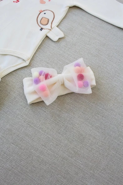 Şarkıcı Kuşlar Nakışlı Bandanalı Uzun Kollu Zıbınlı 3lü Kız Bebek Takımı Ekru - Resim 6