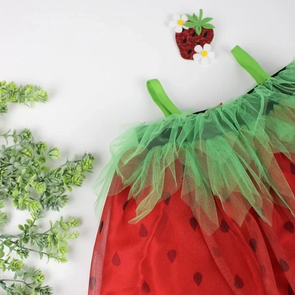 Askılı Çilek Kostüm Kız Çocuk Elbise Kırmızı - Resim 12