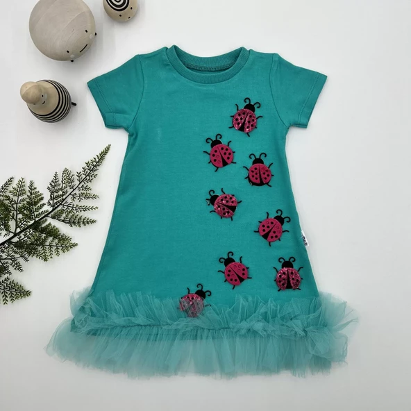 Uğur Böceği Nakışlı Fırfır Uçlu Kız Çocuk Jile Elbisesi Turkuaz - Resim 3