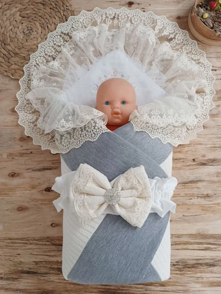 Yenidoğan Teri Cotton Taç Nakışlı Prizma Taş Kundak Bebek Battaniyesi Krem - 4