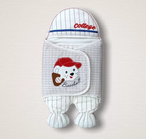 Yenidoğan Beyzbolcu Nakışlı Aklı Erkek Bebek Kundak Ekru - Resim 3