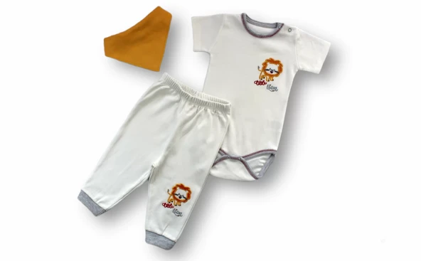 Yavru Aslan Nakışlı Bandajlı Kısa Kollu Zıbınlı 3lü Erkek Bebek Takımı Ekru ürün görseli