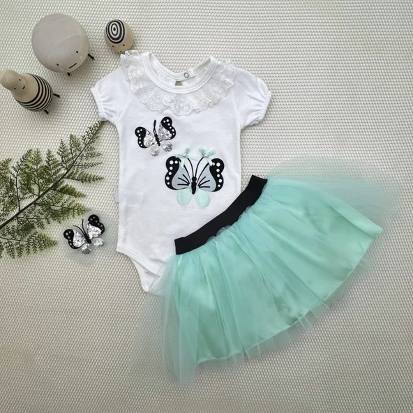 Petli Kelebek Nakışlı Taçlı Kısa Kollu Tütü Etek 3lü Kız Bebek Takımı Su Yeşili - Resim 2