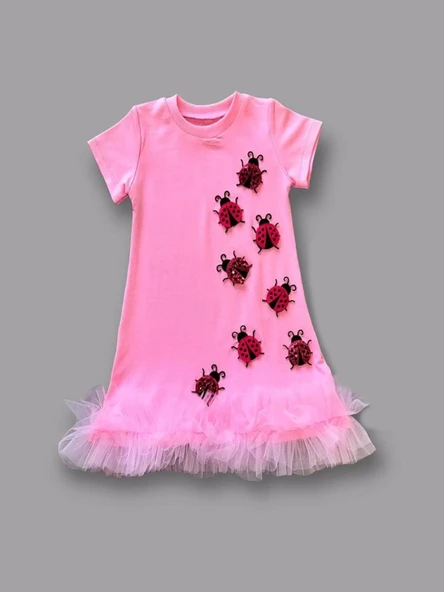 Uğur Böceği Nakışlı Fırfır Uçlu Kız Çocuk Jile Elbisesi Pembe - 4