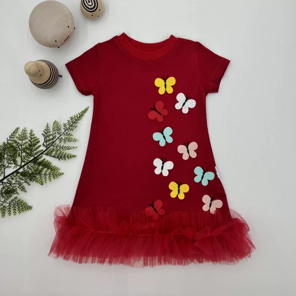 Renkli Kelebekler Nakışlı Eteği Fırfırlı Jile Çocuk Elbisesi Kırmızı - Resim 2