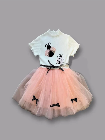 Uğur Böceği Nakışlı Kurdela Kuşak Kız Çocuk Elbisesi Somon-ekru - 3