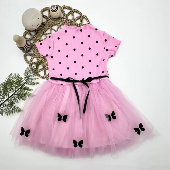 Puantiyeli Kelebek Etekli Astarlı Kız Çocuk Elbisesi Pembe - 2
