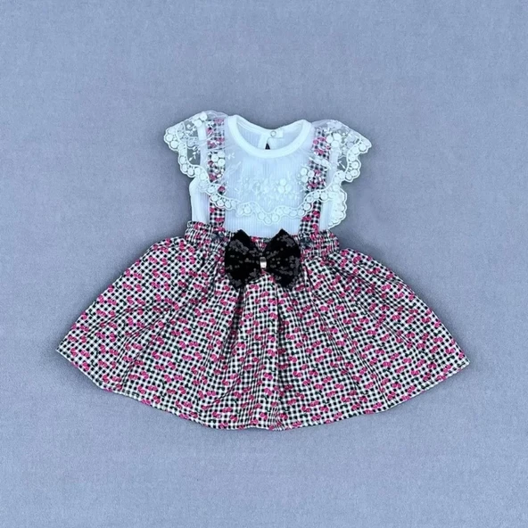 Kiraz Desenli Salopet Fiyonklu Etek Kısa Kollu Tişörtlü 2li Kız Bebek Takımı Pembe - Resim 2