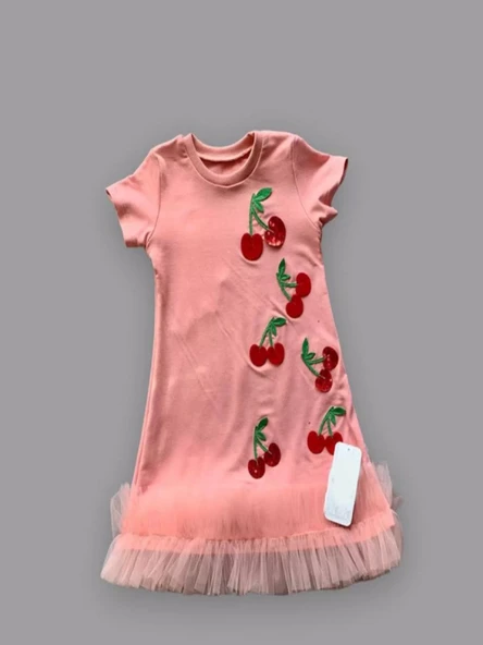 Petli Kiraz Nakışlı Eteği Fırfırlı Jile Kız Çocuk Elbisesi Gül Kurusu - 4