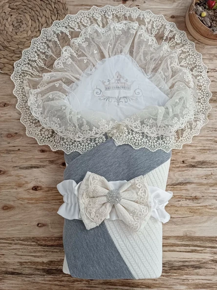 Yenidoğan Teri Cotton Taç Nakışlı Prizma Taş Kundak Bebek Battaniyesi Krem - 2