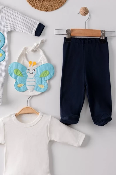 Kelebek Nakışlı Tulumlu % 100 Pamuk Erkek Bebek 5'li Set - 5