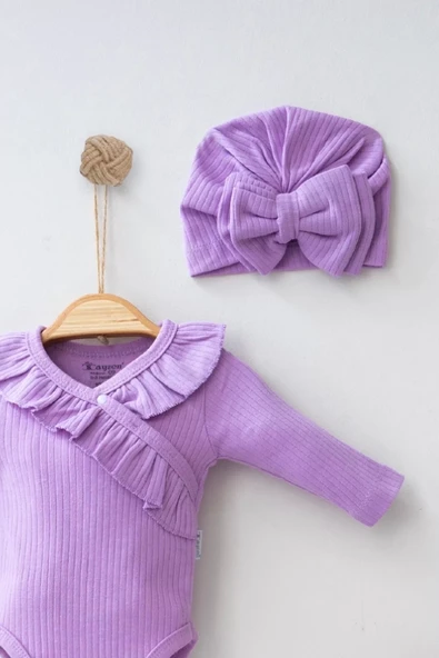 Fırfır Detaylı Fiyonk Boneli % 100 Pamuklu Kız Bebek Takımı - Resim 5