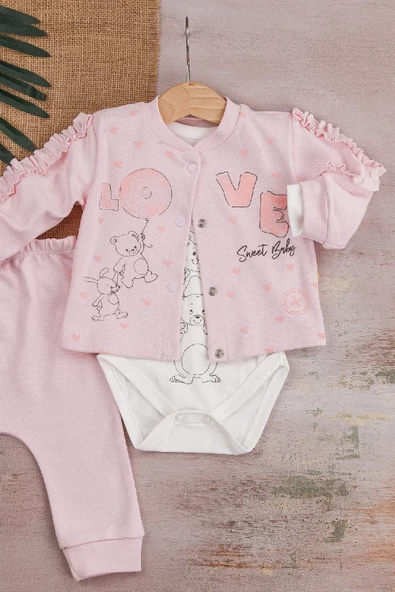 Love Tavşan Desenli Kol Detaylı 3'lü Hırkalı Kız Bebek Takım - Resim 3