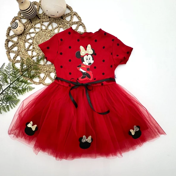 Puantiyeli Mickey Baskılı Kurdela Kuşaklı Astarlı Kız Bebek Tütü Elbisesi Kırmızı - 2