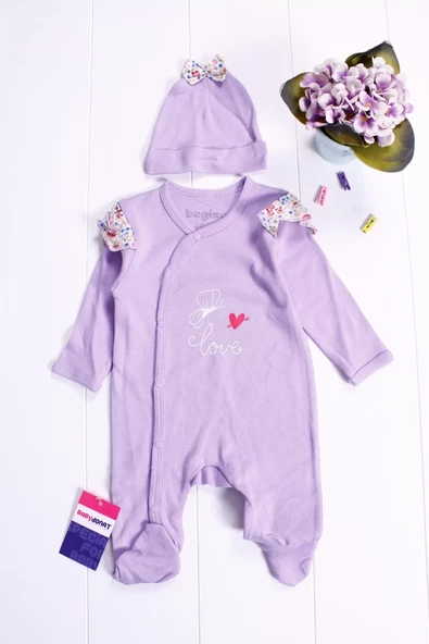 Kelebek Desenli Omuz Detaylı Şapkalı Kız Bebek Tulumu - Resim 5