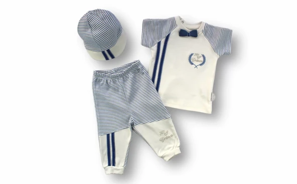 My Prince Nakışlı Şapkalı Kısa Kollu Sweatli 3lü Erkek Bebek Takımı - Resim 2
