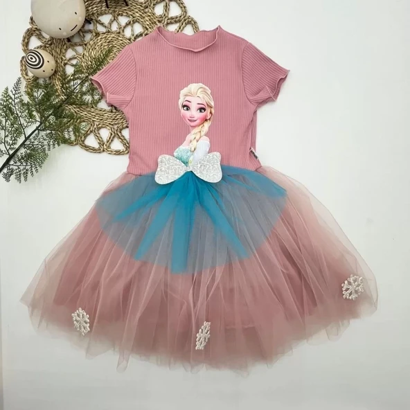 Elsa Desenli Fiyonklu Tül Etekli Astarlı Kısa Kollu Kız Çocuk Tütü Elbise Gül Kurusu ürün görseli