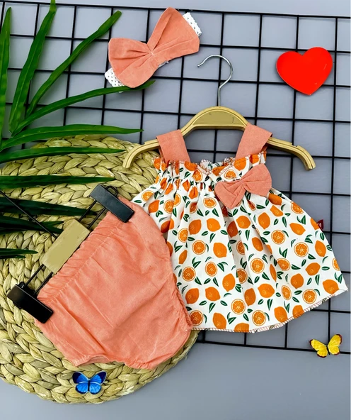 Bandajlı Ve Kilotlu Meyve Desenli Askılı 3lü Kız Bebek Elbisesi Turuncu - 4