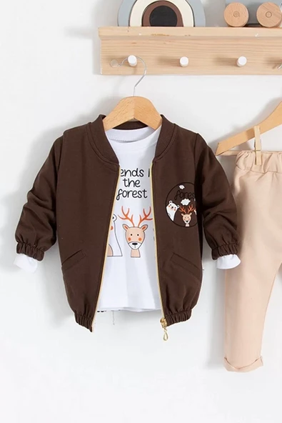 Forest Hırkalı 3'lü % 100 Pamuk Erkek Bebek Takımı - Resim 4