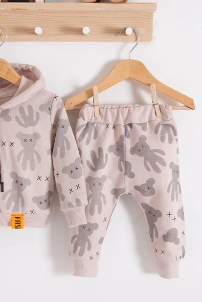 Cool Bear Kapüşonlu % 100 Pamuk Erkek Bebek Takımı - Resim 5