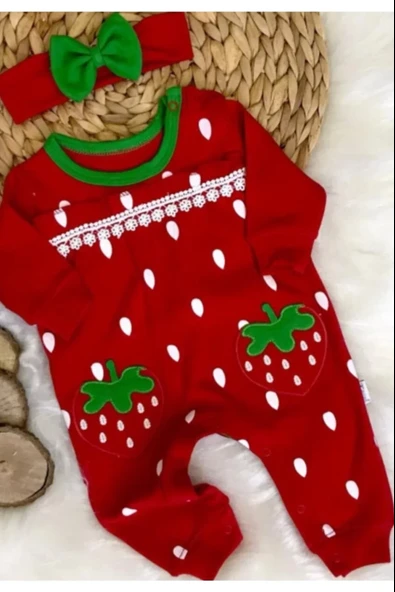 Çilek Nakışlı % 100 Pamuk Kız Bebek Tulumu