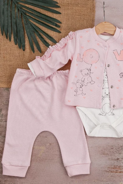Love Tavşan Desenli Kol Detaylı 3'lü Hırkalı Kız Bebek Takım - Resim 5
