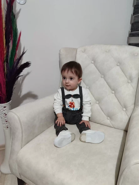 Papyonlu Sweat Kot Pantolon 2li Erkek Bebek Salopet Takımı Gri - Resim 7