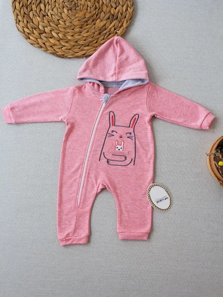 Ef Çizgi Boy Fermuarlı Tavşan Nakışlı Kapşonlu Kız Erkek Bebek Tulumu Pembe - Resim 3