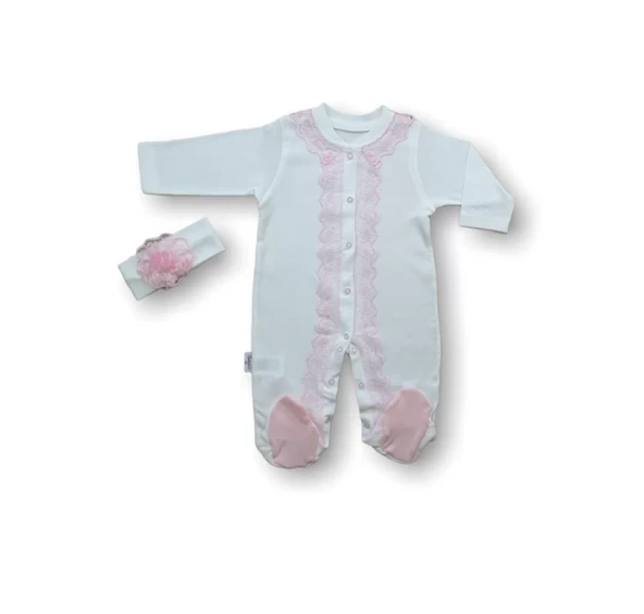 Dantelli Boydan Çıtçıtlı Bandanalı Patikli Uzun Kollu Kız Bebek Tulumu Ekru - Resim 3