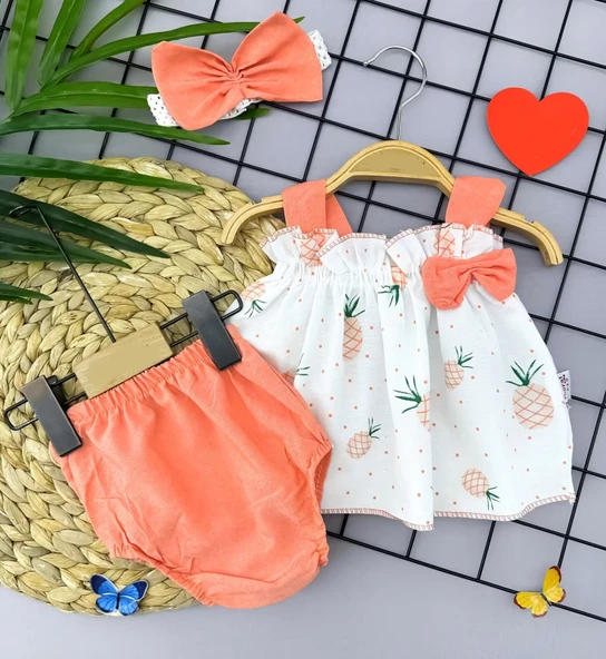 Bandajlı Ve Kilotlu Ananas Desenli Askılı 3lü Kız Bebek Elbisesi - 3