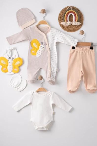 Kelebek Nakışlı Tulumlu % 100 Pamuk Erkek Bebek 5'li Set - Resim 3