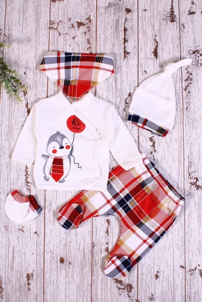 Ekoseli Penguen Desenli Fularlı 5'li Erkek Hastane Çıkışı - 5