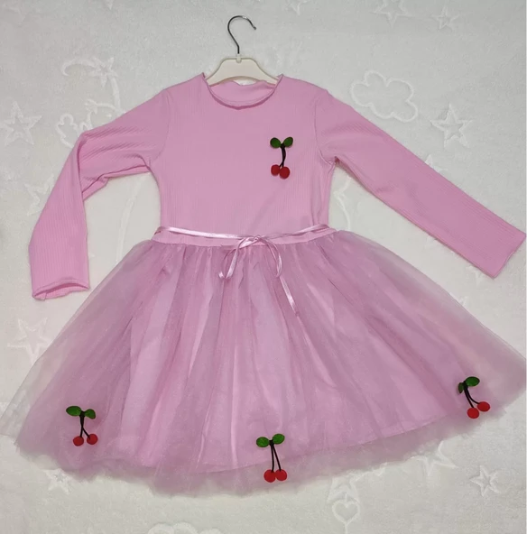 Kiraz Desenli Kurdela Kuşaklı Astarlı Uzun Kollu Kız Çocuk Tütü Elbise Pembe - Resim 4