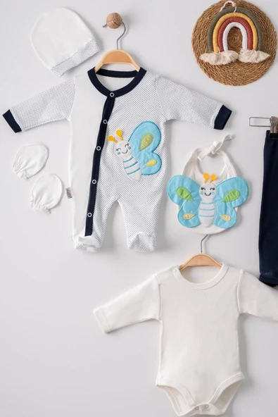 Kelebek Nakışlı Tulumlu % 100 Pamuk Erkek Bebek 5'li Set - 4