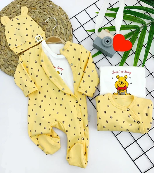Pooh Desenli Şapkalı Sweatli 3lü Kız Erkek Bebek Tulum Sarı - Resim 3