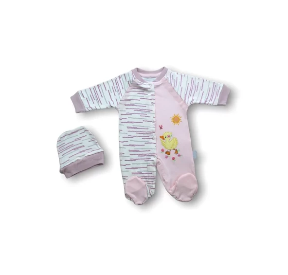 Süslü Ördek Nakışlı Şapkalı Kız Bebek Tulumu Pembe - Resim 2