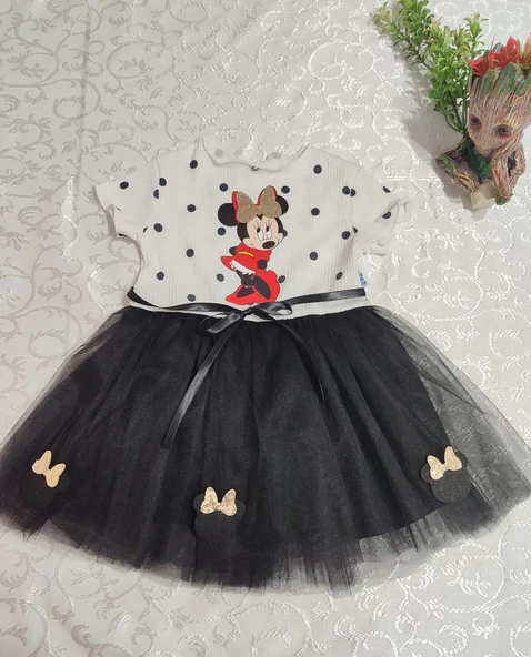 Puantiyeli Mickey Baskılı Kurdela Kuşaklı Astarlı Kız Bebek Tütü Elbisesi Siyah - Resim 5