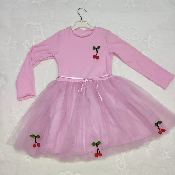 Kiraz Desenli Kurdela Kuşaklı Astarlı Uzun Kollu Kız Çocuk Tütü Elbise Pembe - Resim 5