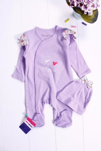 Kelebek Desenli Omuz Detaylı Şapkalı Kız Bebek Tulumu - Resim 6