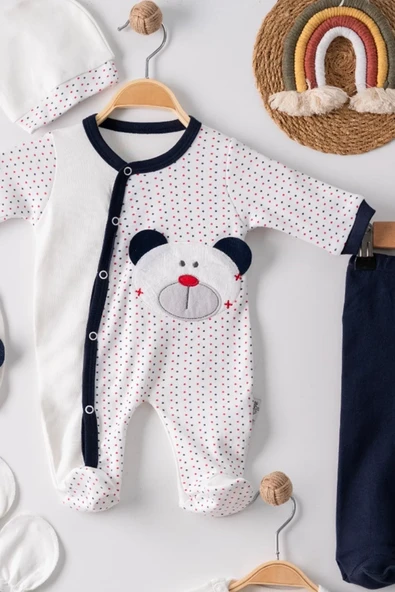 Puanlı Ayıcık Nakışlı Tulumlu % 100 Pamuk Erkek Bebek 5'li Set - Resim 5