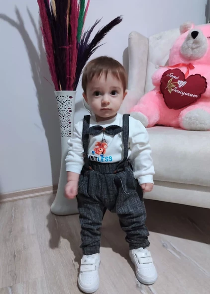 Papyonlu Sweat Kot Pantolon 2li Erkek Bebek Salopet Takımı Gri - Resim 5