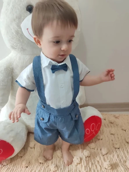 Papyonlu Gömlek 2li Erkek Bebek Salopet Takımı İndigo - 10