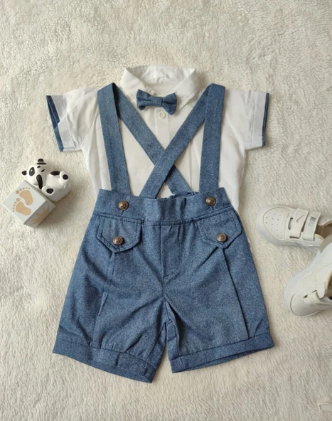 Papyonlu Gömlek 2li Erkek Bebek Salopet Takımı İndigo - 5