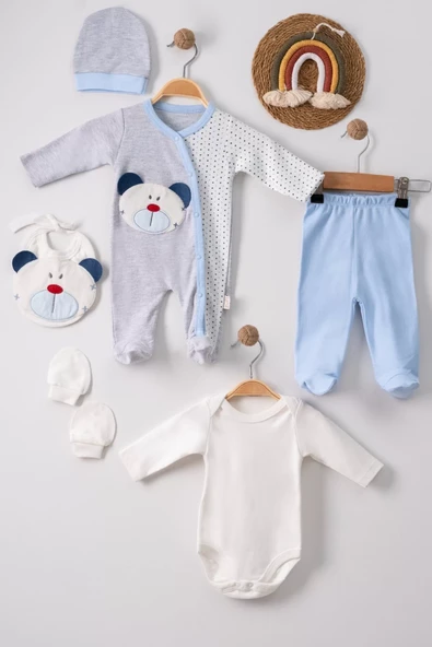 Ayıcık Nakışlı Tulumlu % 100 Pamuk Erkek Bebek 5'li Set - Resim 3