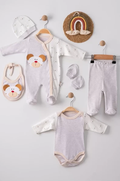Ayıcık Detaylı Nakışlı Tulumlu % 100 Pamuk Erkek Bebek 5'li Set - Resim 2