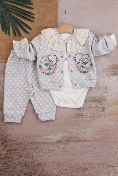 Brode İşlemeli Kalp Desenli 3'lü Hırkalı Kız Bebek Takım - Resim 2