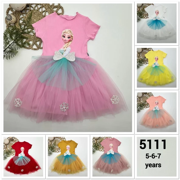 Elsa Desenli Fiyonklu Tül Etekli Astarlı Kısa Kollu Kız Çocuk Tütü Elbise Gül Kurusu - Resim 4