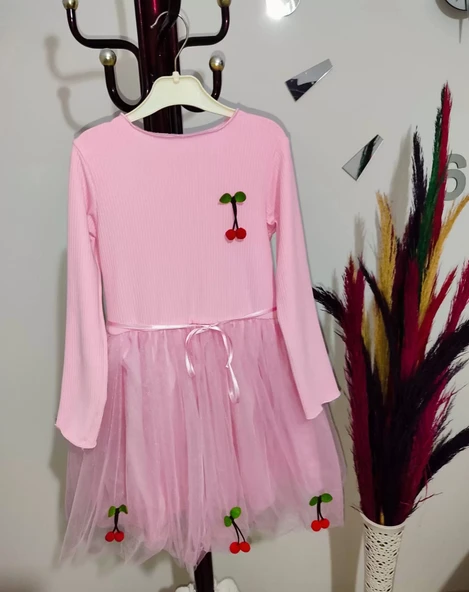 Kiraz Desenli Kurdela Kuşaklı Astarlı Uzun Kollu Kız Çocuk Tütü Elbise Pembe - Resim 7