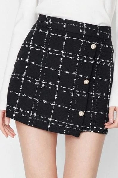 Moda Regular Ekose Desen Günlük Mini Boy Düğme Detaylı A-line Tüvit Kumaş Mini Boy Dokuma Etek - 3